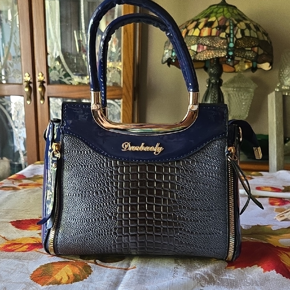 Navy Blue Croc-Embossed Handbag